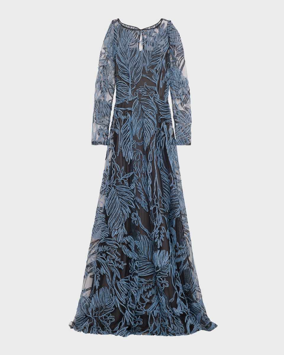 Raffia Embroidered Gown With Sheer Overlay